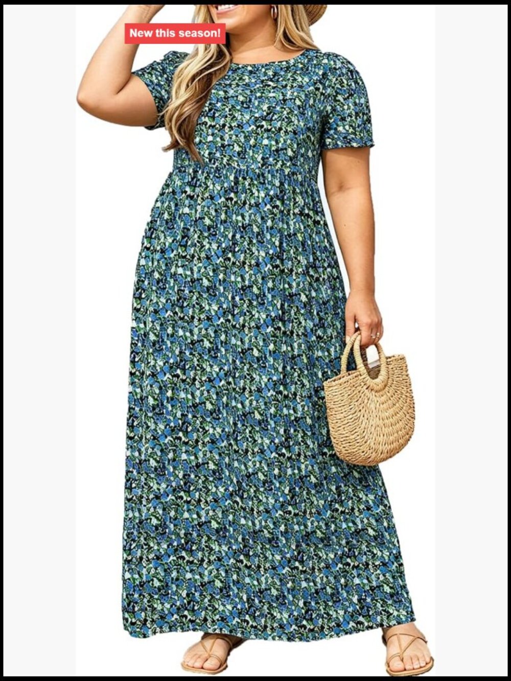 Plus Size Maxi Dress with Pockets, Short Sleeve, High Waist, Floral, XL-5X